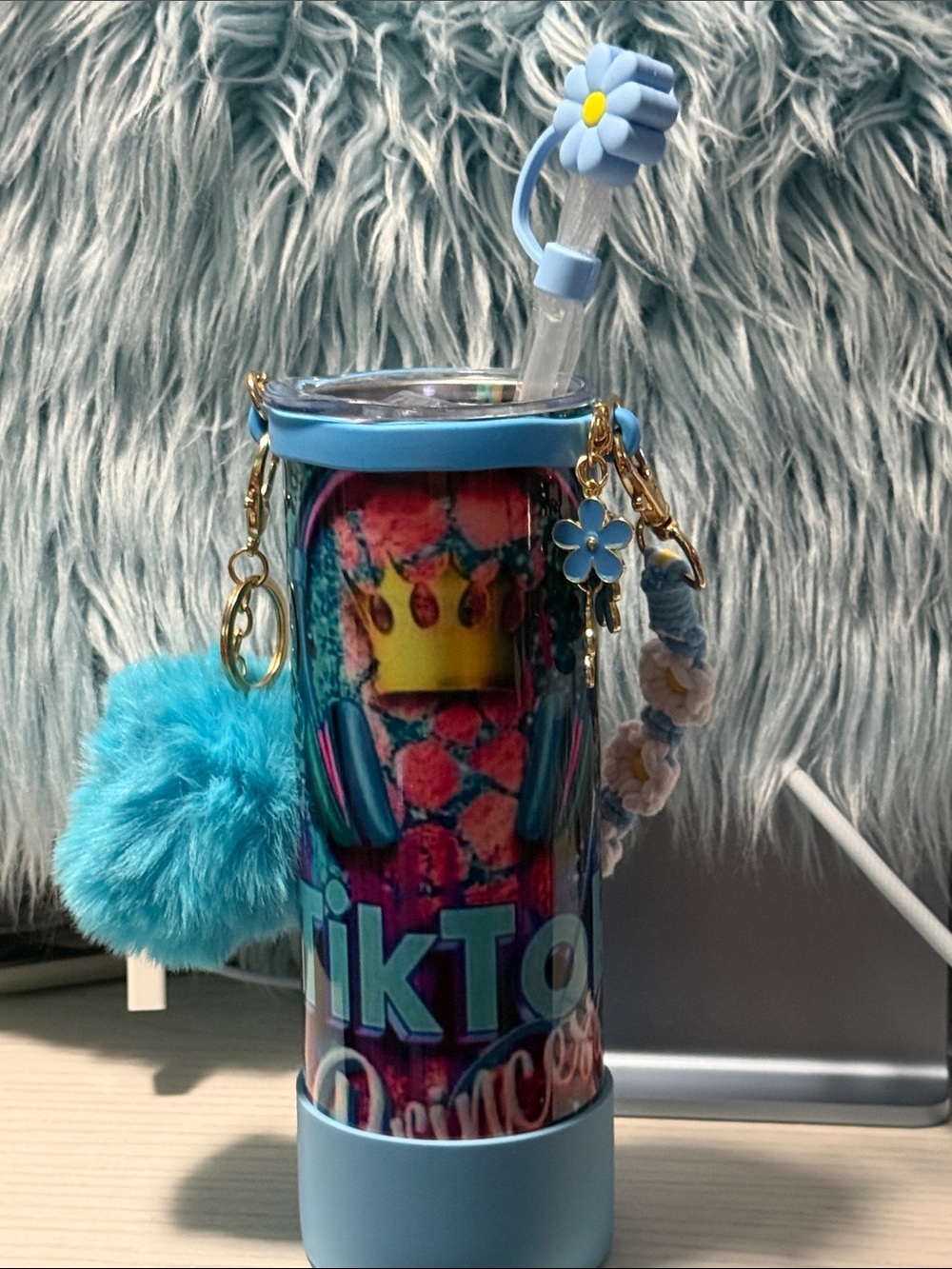 Blue Floral Daisy Charm Tumbler with Pom Pom and Straw